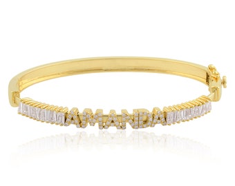 14k Yellow Gold Bracelet / Custom Name (AMANDA) Personalized Bracelet / Round & Baguette Diamond Bracelets / Bangle Bracelet Jewelry Gifts