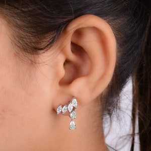 2.26 Ct Natural Diamond Ear Climber Dangle Earrings, 18K/14k Gold Diamond Drop Earrings, Gold Crawler Earrings, Wedding Bridal Earrings