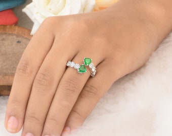 Natural Brilliant Cut Zambian Emerald Diamond Ring, 18k White Gold Exclusive Wedding Ring Stunning Bridal Stackable Wrap Ring, Gift For Love