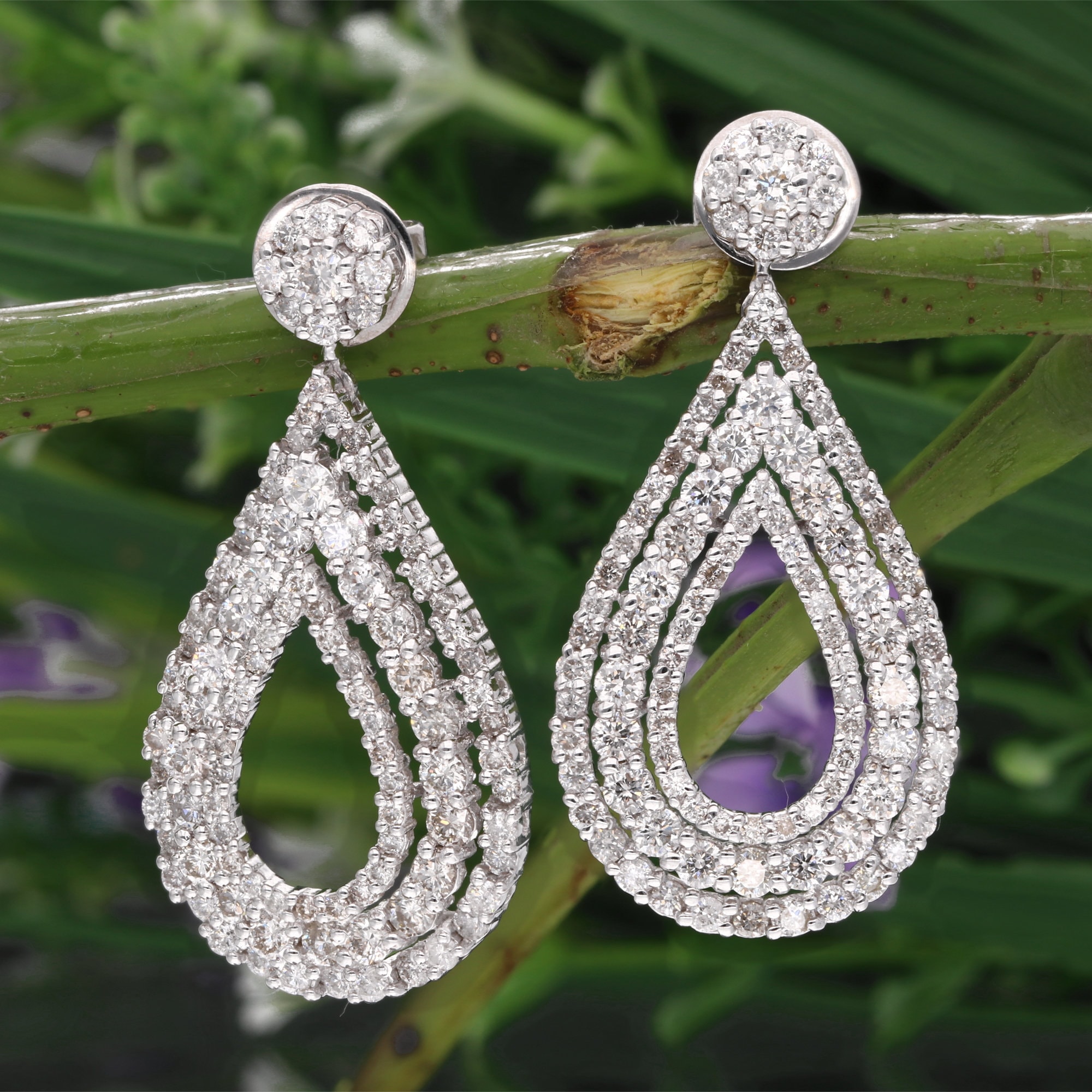Teardrop Shape Diamond Earring, 14K White Gold Pave Diamond