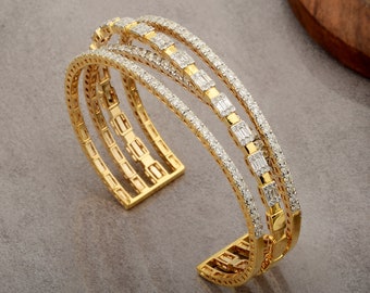 Gouden diamanten manchetarmband/stokbrood, ronde diamanten armband in geel goud/18k gouden damesarmband/criss cross bruiloft armband