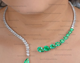 Zambian Emerald Necklace / Open Cuff Necklace in 18k White Gold / 18k Gold Wedding Necklace / Pear Diamond Necklace / Collar Choker Necklace