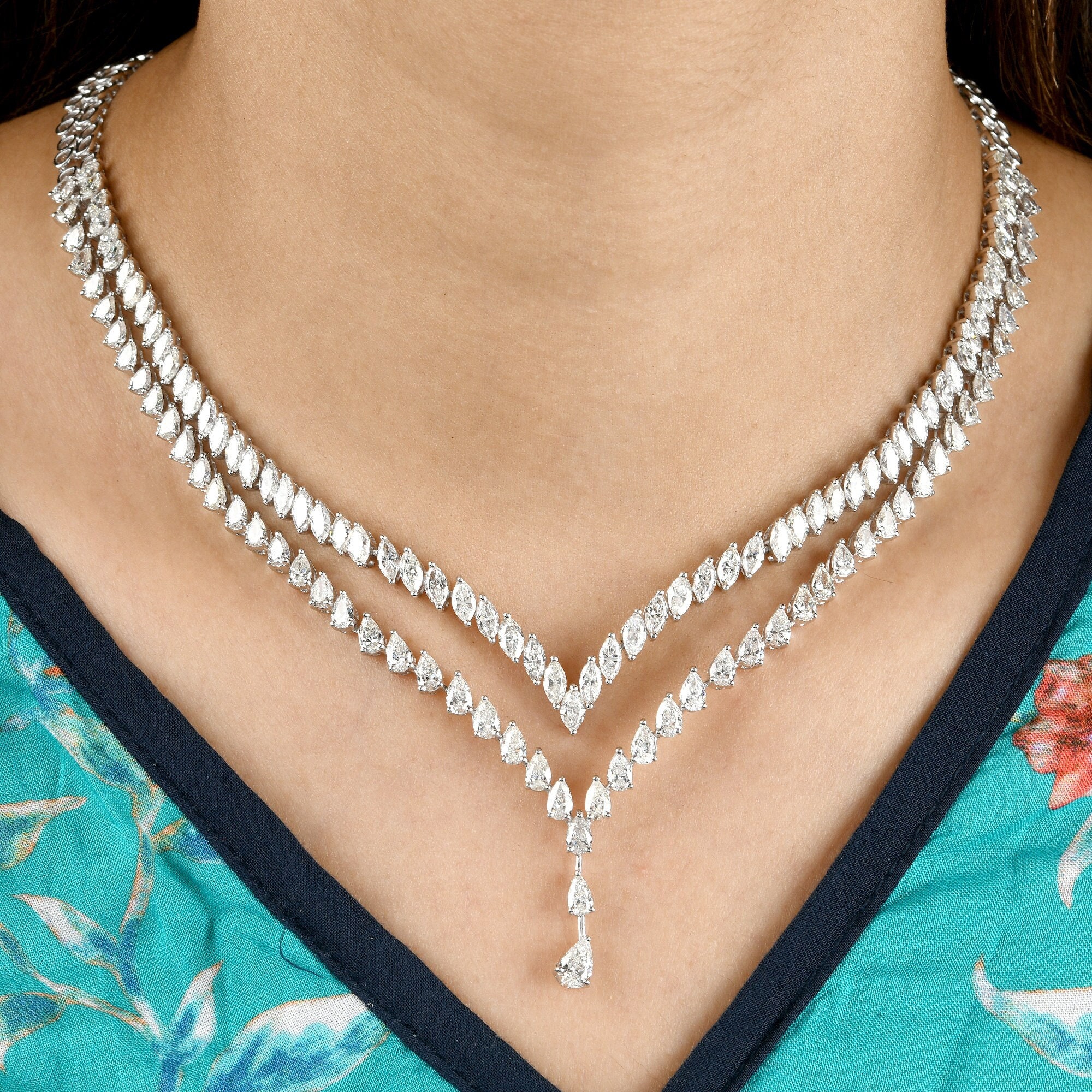 Diamond Lariat Necklace 20.30 Ct| 18K Gold Diamond Drop Necklace| Double Layer Statement Necklace| Pear & Marquise Cut Diamond Jewelry Gift