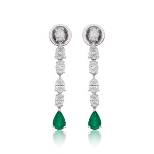 Pear Cut Zambian Emerald Earrings for Women| Natural Diamond 1.37ct Brilliant Cut Oval Earrings| 18k White Gold 3.78gm Dangle Drop Earrings