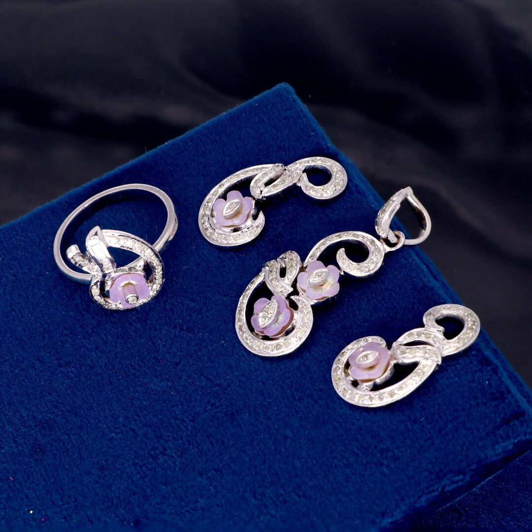 18k Gold Diamond Jewelry Set, Diamond Ring Earrings Pendant Set, Mother