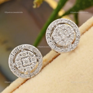 0.38 Ct Natural Diamond Halo Earrings For Women, 18k/14k White Gold Diamond Stud Earrings, Diamond Round Earrings, Handmade Design Earrings