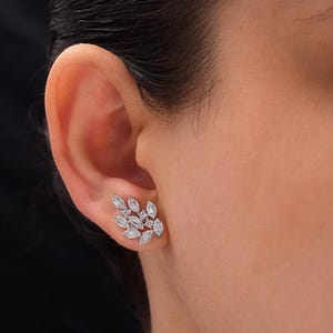 Diamond Stud Earrings 0.76Ct| 14K White Gold Floral Earrings|Bridal Wedding Earrings| Lab Grown Diamond Jewelry| Baguette Round Diamond Gift