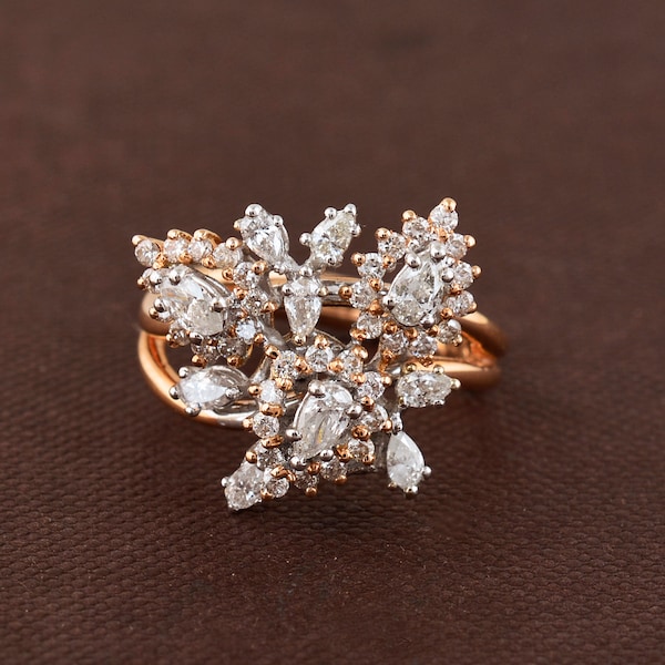 Round & Pear Cut Diamond Ring, 18K Gold Victorian Style Ring, Cluster Bridal Ring, Flower Cocktail Ring, Wedding Rings, Bridesmaid Gift