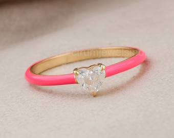 14k Solid Gold Heart Diamond Ring, Pink Enamel Band, Romantic Love Jewelry