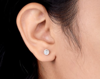 Diamond Stud Earrings, 14k White Gold, Flower Halo Earrings