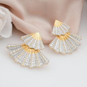 Impresionantes pendientes de abanico japonés con diamantes naturales, pendientes de oro amarillo de 18 quilates para ella, pendientes de diamantes de talla brillante, joyería de compromiso.