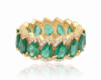 Emerald and Diamond Eternity Ring | 18k White Gold Pear Cut Band