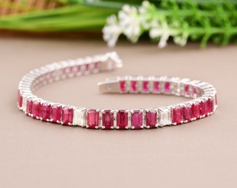 Natural Baguette Ruby Diamond Bracelet, Wedding Cluster Bracelet, Statement Jewelry, 18K Gold Tennis Bracelet, July Birthstone, Gift For Her