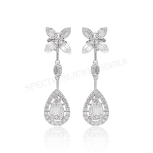 Gold Diamond Earrings, 18k Gold Anniversary Earrings, White Gold Halo Earrings, Round & Baguette Diamond Dangle Drop Earrings, Gifts For Her