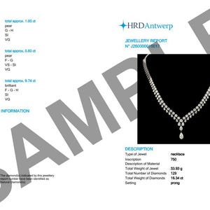 May include: A diamond necklace with a pear-shaped design is displayed on a black background. The necklace is featured in a jewelry report with details about the diamonds, including their shape, color grade, and clarity grade. The total weight of the diamonds is 16.34 ct.