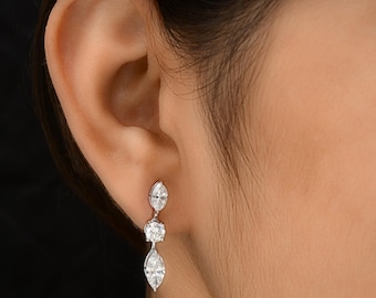 Orecchini pendenti con diamanti naturali da 3,19 ct, orecchini con diamanti a taglio marquise e rotondo, orecchini a tre pietre in oro bianco 18 carati con diamanti, certificati SGL.