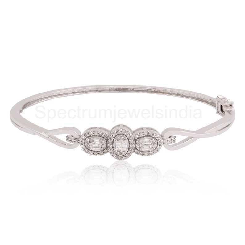 Pave Diamond Bangle Bracelet / 14k White Gold Stacking Bangle / Baguette Diamond Wedding Bracelet / Dainty Gold Statement Bracelet For Women image 3