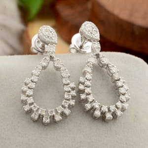14k White Gold Diamond Earrings / Diamond Dangle & Drop Earrings / Round Diamond Wedding Earrings / Women Diamond Dainty Earrings For Women
