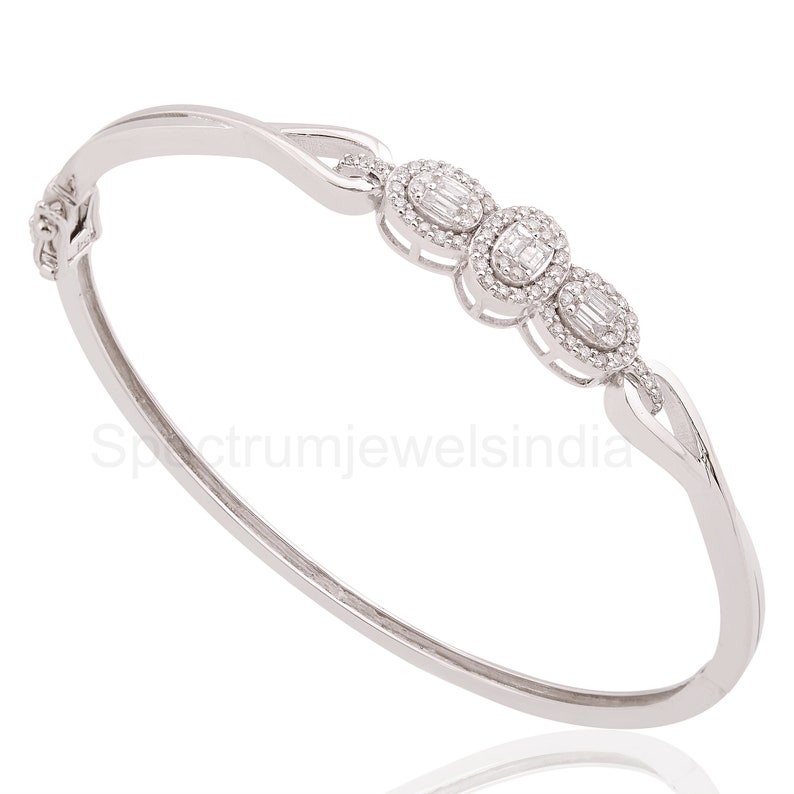 Pave Diamond Bangle Bracelet / 14k White Gold Stacking Bangle / Baguette Diamond Wedding Bracelet / Dainty Gold Statement Bracelet For Women image 5