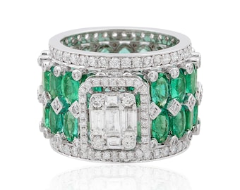 Natural Brilliant Cut Zambian Emerald Diamond Ring, 18k White Gold Exclusive Wedding Ring Stunning Bridal Statement Ring, Gift For Love