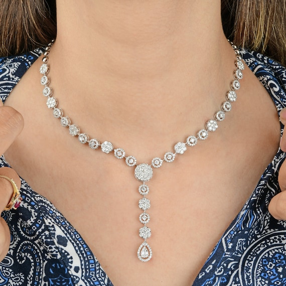 Lariat Necklace, 18k White Gold Wedding Necklace, Natural Diamond 