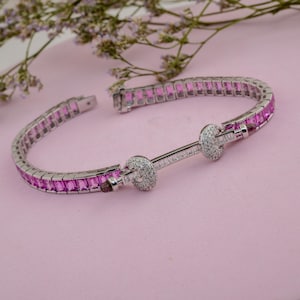18k White Gold Pink Sapphire Eternity Bracelet, 12.43 Tcw Pink Sapphire and Diamond Tennis Bracelet, Emerald Cut Sapphire Wedding Bracelet