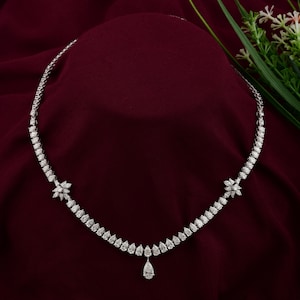 Diamond Tennis Necklace 10.34 Ct| 18K White Gold Diamond Drop Necklace| Wedding Statement Necklace| Pear & Marquise Diamond Anniversary Gift