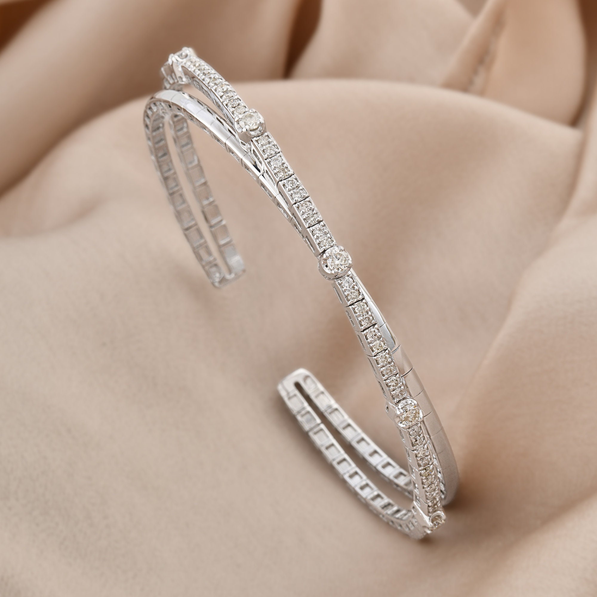 Criss Cross Diamond Bangle | 0.85 Ct Round Cut, 18k/14k Gold Cuff 