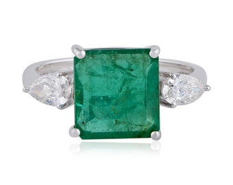 Handgemaakte Emerald & Diamond Ring, 18K Witgouden verlovingsring voor vrouwen, mei Birthstone Ring, Statement Ring, Vintage Style Ring, Cadeau voor haar