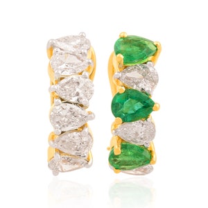 18k Yellow Gold Natural Brilliant Cut Zambian Emerald Diamond Earrings, Beautiful Bridal Hoop Ear Cuff Earrings, Anniversary Gift For Wife