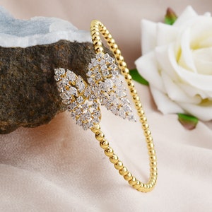3.40 Ct Diamond Bracelet | 18k Yellow Gold Beaded Bracelet | Cluster Diamond Bangle Bracelet | Leaf Wedding Diamond Bracelet / Gift for Her