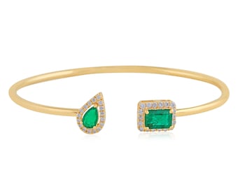 14k Gold Emerald Bangle, Emerald Bracelet, Emerald Gold Bangle, Open Cuff Bangle, Dainty Diamond Bracelet, May Birthstone Jewelry For Women