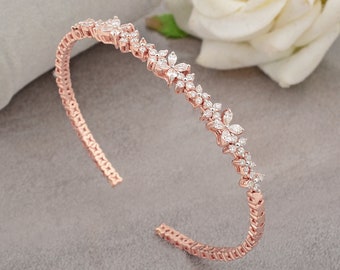 Gold Diamond Bangle / 18k Rose Gold Floral Bracelet / Open Cuff Bangle / Diamond Cluster Bracelet / Certified Diamond Wedding Bangle For Her