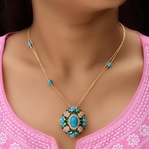 Arizona Turquoise Emerald & Diamond Pendant Necklace| 18k Solid Gold Statement Pendant| Turquoise Station Necklace| Anniversary Gift for Her
