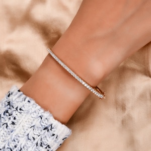 Diamond Bangle Bracelet 1.13Ct| 14K Yellow Gold Diamond Stackable Bracelet| Dainty Diamond Jewelry| Round Diamond Wedding Day Gift for Bride