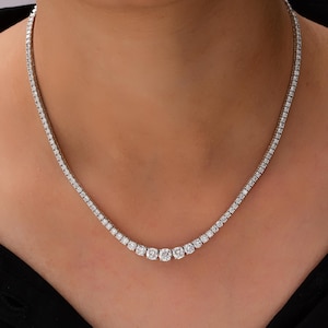 6.23Ct Graduated Lab Grown Diamond Necklace, 14K White Gold Diamond Riviera Necklace, Round Diamond Tennis Necklace, Bridal Wedding Necklace
