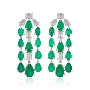 18k White Gold Natural Brilliant Cut Zambian Emerald Diamond Earrings, Beautiful Bridal Drop & Dangle Earrings, Anniversary Gift For Wife