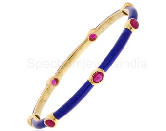Natural Ruby Bangle Bracelet with Blue Enamel | 18k Solid Gold| 2.35ct Certified Ruby Gemstone Stackable Bracelet| Handmade| Gift for Her