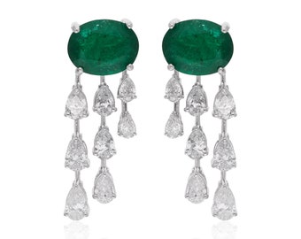 18k White Gold Zambian Emerald Diamond Dangle Earrings, Bridal Jewelry