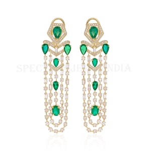 Oval & Pear Cut Emerald Earrings, Yellow Gold Emerald Diamond Earrings, 18k Gold Emerald Wedding Earrings, Baguette Diamond Dangle Earrings