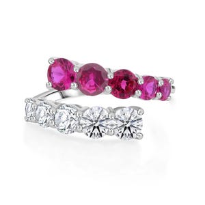Synthetic Ruby & Lab Diamond Bypass Ring, 10K White Gold Jewelry, Stacking Gemstone Ring