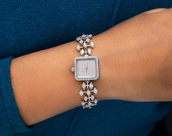 Diamant Armbanduhr | 8.35Ct 18K Weißgold Armband, quadratisches Zifferblatt