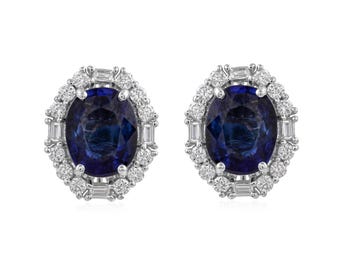 Oval Blue Sapphire Bridal Stud Earrings, Diamond Halo Earrings, Wedding Stud Earrings, 18k/14K Gold Earrings, 1st Anniversary Gift