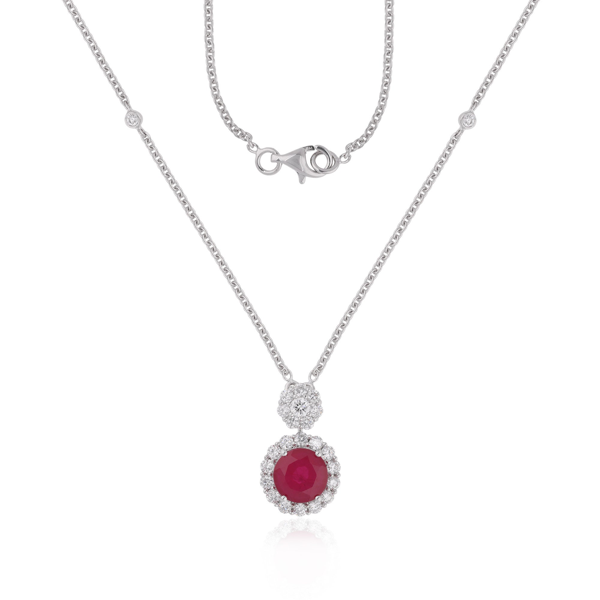 14K Gold Red Gemstone & Lab-Grown Diamond Pendant, Minimalist Halo Pendant, Cluster Pendant With Chain, Statement Necklace, Gift For Women
