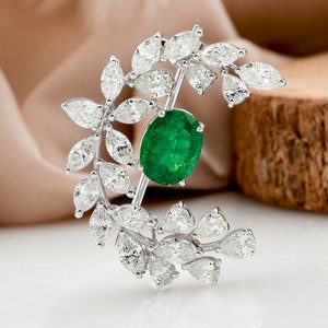 Zambian Emerald & Diamond Pendant Brooch, 18K Gold Women Pendant, Statement Brooch, May Birthstone Jewelry, Designer Brooch,Gift For Her/him