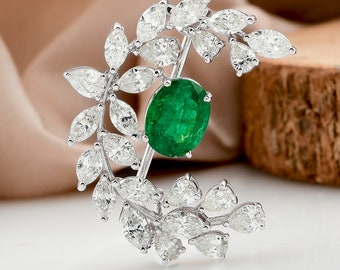 Zambia Emerald & Diamond Pendant Brooch, 18K Gold Women Pendant, Statement Brooch, May Birthstone Jewelry, Designer Brooch, Gift For Her/him