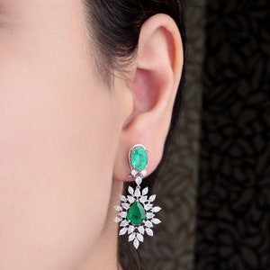 Diamond Emerald Earrings 9.33 Ctw| 14K Gold Statement Earrings| Emerald Drop Earrings| Handmade Earrings| Multi Shape Emerald Jewelry Gift