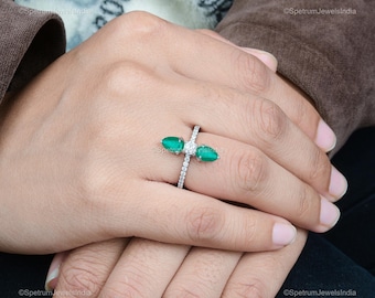 Pear Cut Emerald and Diamond Ring| 18K/14K White Gold, Rose Gold, Yellow Gold, Emerald Engagement Ring| Anniversary or Wedding Jewelry Gift