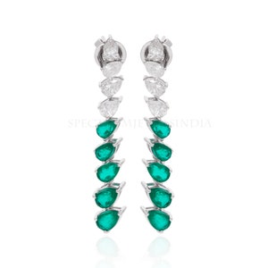 Diamond & Emerald Earrings, 18k Real White Gold Pear Diamond Earrings, Synthetic Emerald Earrings Dangle, Gemstone Earrings, Emerald Jewelry