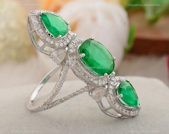 Emerald Diamond Halo Ring | 18k White Gold Cocktail Ring|  Womens Wedding Ring| Cocktail Ring for Women